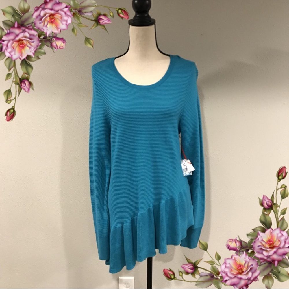 Elle teal asymmetrical long sleeve sweater‎